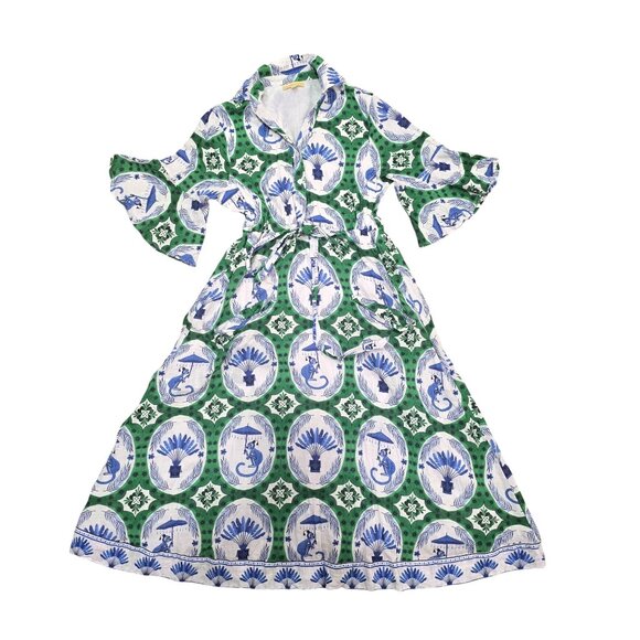 Isla Payal  COMO MIDI | MONKEY CHINOISERIE JADE & Blue Floral Print Maxi Dress S - Picture 3 of 12